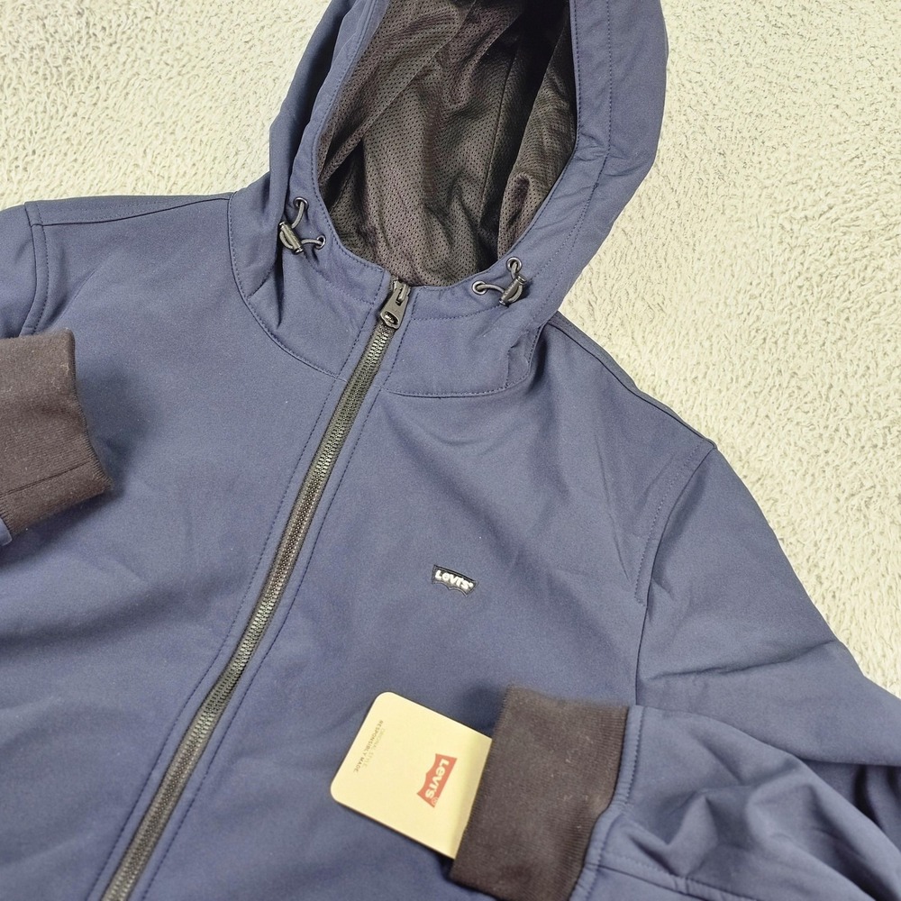 Levis Jacket Mens Small Blue Hooded Softshell Bomber Water Resistant Zip Pockets